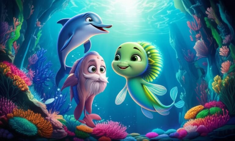 História Infantil O Brilho Curioso de Lumi nas Profundezas Azuis, mostrando Lumi, um peixe-espada e um golfinho explorando o oceano.