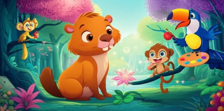Uma vibrante ilustração da História Infantil O Mistério da Flor Cintilante e o Pequeno Curioso, mostrando a capivara Cadu com seus amigos Jaci a tucana e Leco o mico em uma floresta colorida.