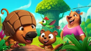 História Infantil: Três personagens animais, um tatu-bola, uma capivara e um beija-flor, em uma cidade futurista em uma árvore. A imagem representa a história infantil sobre o tema do racismo e a importância da união.