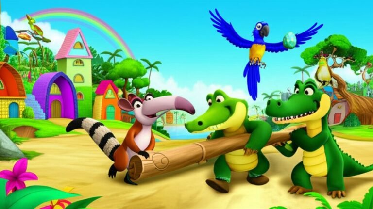 História Infantil: Jubileu, o tamanduá, Solange, a arara, e Caetano, o jacaré, sorrindo e ajudando uns aos outros a reconstruir a Vila do Arco-Íris.