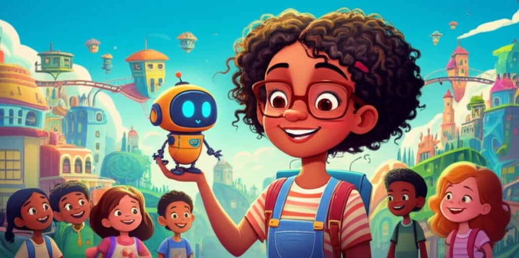 Imagem da História Infantil O Enigma Colorido da Cidade Celeste, mostrando uma jovem inventora e seu robô em uma cidade futurista e colorida, celebrando a diversidade.