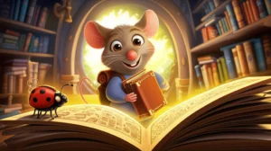 História Infantil: Ilustração de Bento, um ratinho curioso, e Dona Florinda, uma joaninha sábia, explorando um livro especial que revela segredos de uma biblioteca antiga, destacando a aventura e o poder da bondade.