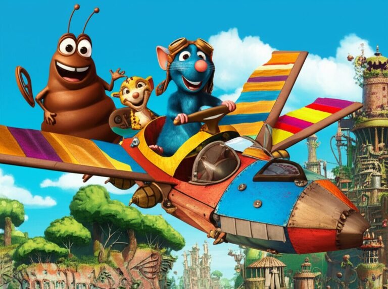 História Infantil: Imagem de Remy, o rato inventor, pilotando sua engenhoca voadora com seus amigos Beto, o besouro, e Juba, o filhote de onça, sobrevoando a Cidade-Máquina, transmitindo aventura e amizade.