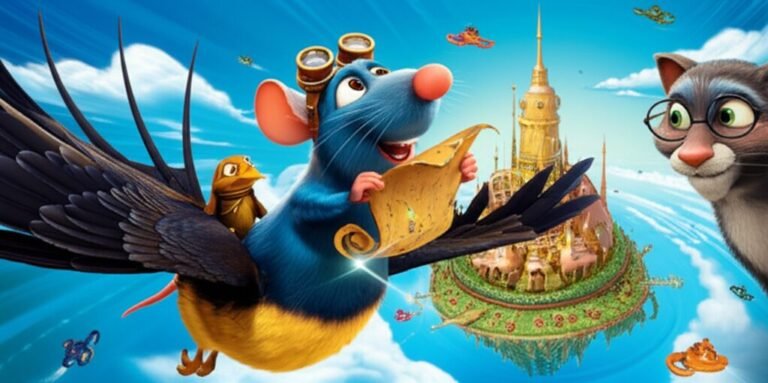 História Infantil: Ilustração do ratinho Remy voando nas costas da andorinha Célia em direção à cidade flutuante Aerópolis, com o Professor Gastão, um gato inventor, ao lado.
