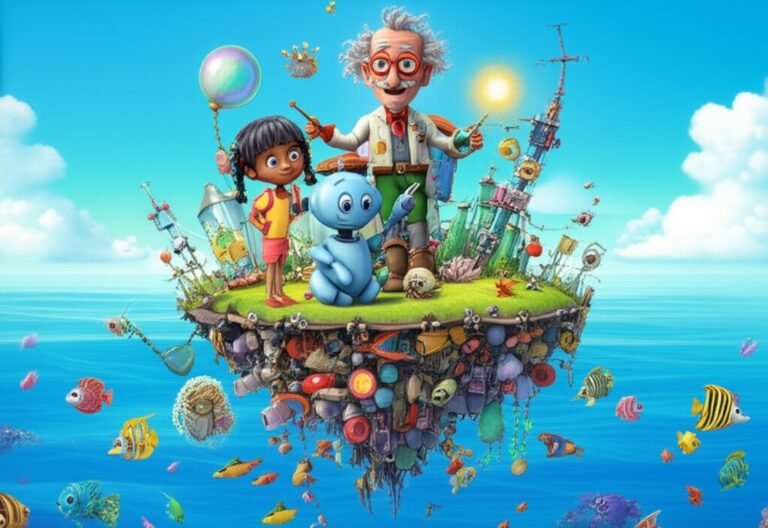 História Infantil: Ilustração vibrante da Ilha Flutuante do Professor Serginho com a menina Luna, o professor, o caranguejo Joca e o Robô-Amigo-do-Mar, tudo em estilo animado e cores vivas, representando a aventura da reciclagem no oceano.