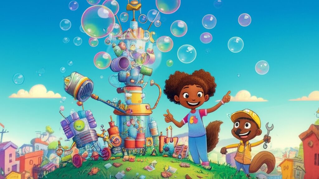 História Infantil sobre reciclagem e reutilização com Clara, o esquilo Tico e o robô Parafuso construindo uma máquina de bolhas gigante para o Festival da Primavera no Morro da Transformação.