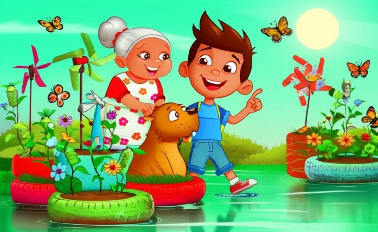 Ilustração vibrante da História Infantil sobre Reciclagem e Reutilização com o menino Léo, Dona Jurema e a capivara Chico na horta flutuante, destacando a transformação de materiais reciclados.