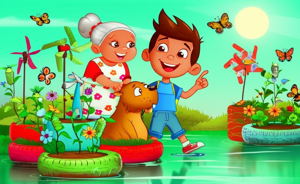 Ilustração vibrante da História Infantil sobre Reciclagem e Reutilização com o menino Léo, Dona Jurema e a capivara Chico na horta flutuante, destacando a transformação de materiais reciclados.