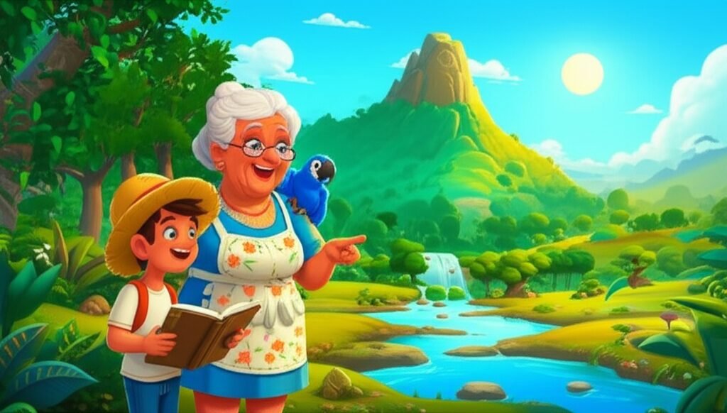 História Infantil sobre Recursos Naturais: Ilustração de um menino, uma senhora e uma arara-azul cuidando de um córrego e plantando árvores na Serra do Sol Brilhante.