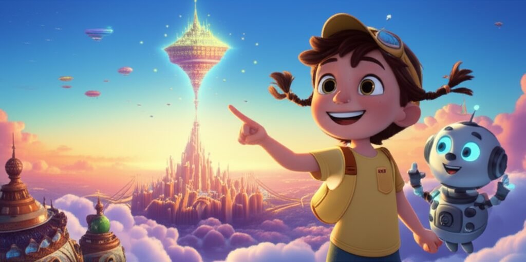 História Infantil A Cidade Flutuante e o Código Esquecido de Elara: Imagem de Elara e seu robô Pipo em Aeronáutica, com a cidade flutuante ao fundo, ilustrando aventura e descoberta.