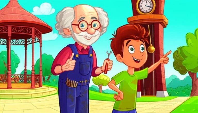 História Infantil O Tique-Taque Misterioso do Relógio da Pracinha, ilustração de Pedro e Professor Horácio com o relógio da torre ao fundo.