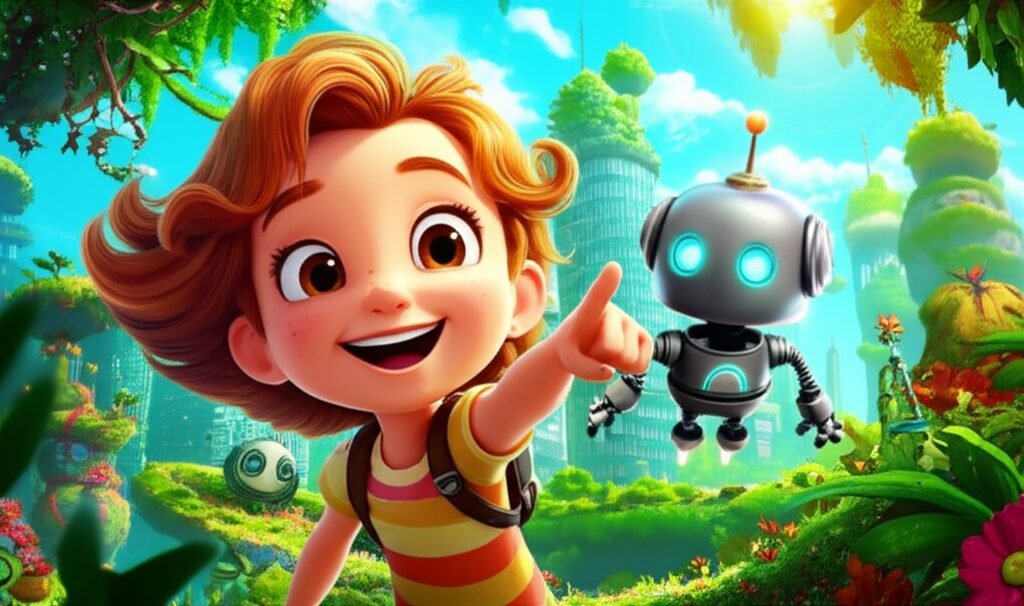História Infantil sobre Resiliência: A Jornada de Aurora e o Robô Curioso. Imagem de Aurora e Faísca em um jardim suspenso em Verde Vale, simbolizando a persistência e a descoberta.