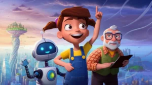 Uma vibrante ilustração da História Infantil A Invenção Flutuante de Nuvemópolis, mostrando a jovem construtora Lia, o Professor Gaspar e o robô Binho diante da cidade flutuante, simbolizando a resiliência e a inovação.