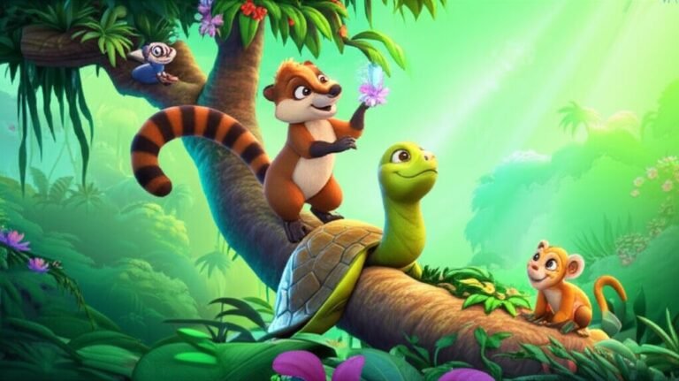 História Infantil sobre Resiliência: Téo, o quati, escalando a Árvore dos Sonhos com seus amigos Dona Flora e Leo observando. A imagem representa a perseverança e a superação de obstáculos.