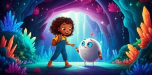 História Infantil O Eco Cristalino de Aerovila, mostrando a menina Anya, o robô Pipo e o ser de cristal Gael interagindo em uma caverna de cristais brilhantes, simbolizando a união através do respeito às diferenças.