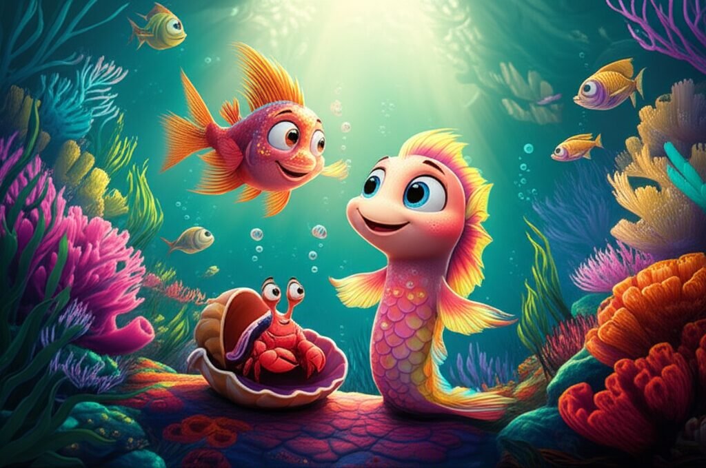História Infantil sobre respeitar as diferenças, com uma criatura marinha Pérola, um caranguejo Cadu, e um peixe-leão Juba, em uma floresta de corais coloridos.