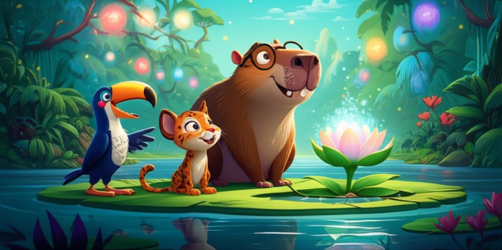 História Infantil sobre respeito ao próximo, ilustrando uma capivara, um tucano e uma jaguatirica em uma ilha flutuante exuberante, com uma flor aquática rara e luzes coloridas, simbolizando a harmonia e a consideração mútua.