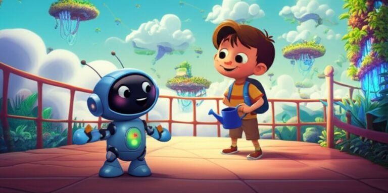 História Infantil: Ilustração vibrante mostrando a robô Pipoca e o menino Léo interagindo em uma cidade flutuante, com Vovó Aurora ao fundo, simbolizando o respeito ao próximo.