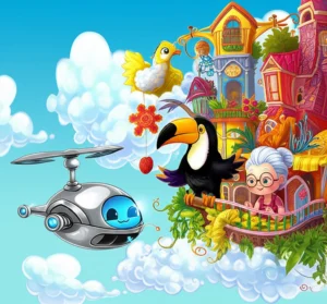 Uma vibrante ilustração em estilo de História Infantil com Ziggy, o drone prateado, Tico, o tucano colorido, e Dona Aurora na Cidade dos Ventos Sussurrantes, representando o tema de respeitar o próximo.