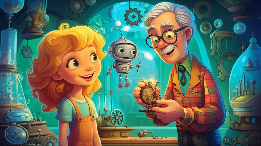 História Infantil sobre Respeitar o Próximo: Ilustração colorida de Luna, o Professor Aurélio e Faísca, seu robô assistente, em uma oficina cheia de invenções, representando a jornada de aprendizado sobre respeito e paciência.