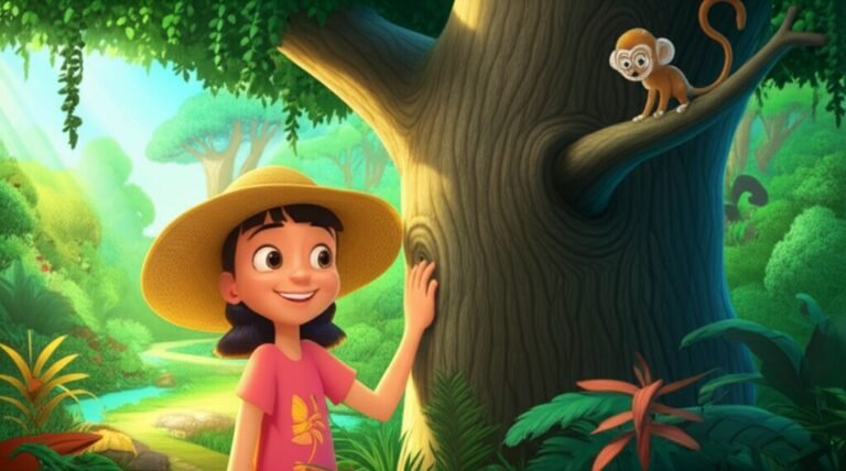 História Infantil O Sussurro Sábio da Floresta Escondida, com Marina, o sagui Cacau e a árvore Seu Barbatimão, ensinando a importância de respeitar o próximo e compartilhar na natureza.