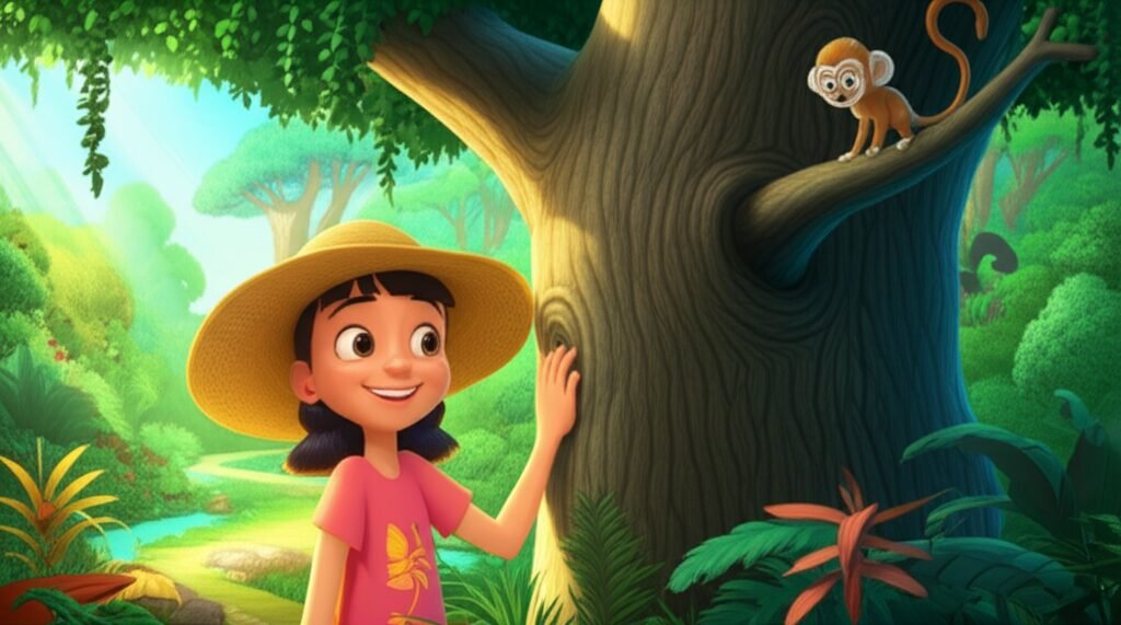 História Infantil O Sussurro Sábio da Floresta Escondida, com Marina, o sagui Cacau e a árvore Seu Barbatimão, ensinando a importância de respeitar o próximo e compartilhar na natureza.