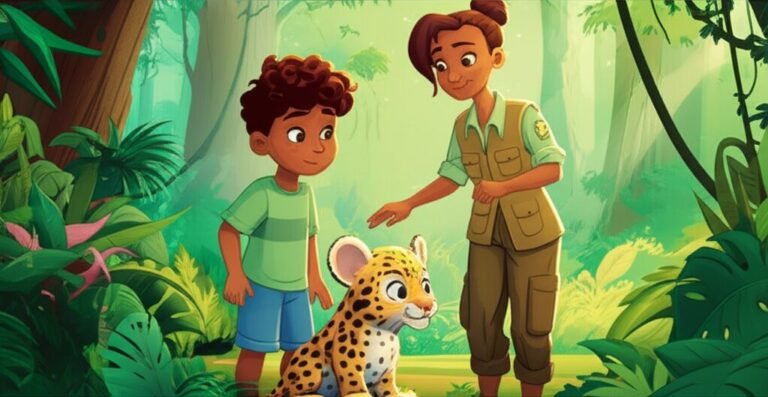 História Infantil: Pedro e a Jaguatirica Pintada. Uma ilustração vibrante mostrando um menino, uma pesquisadora e uma jaguatirica filhote em uma floresta tropical.