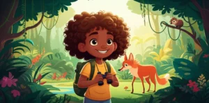 História Infantil sobre respeito aos animais selvagens: Uma ilustração vibrante de Marina, uma menina curiosa, observando um lobo-guará, Ubiratã, na exuberante Floresta do Rio Azul.