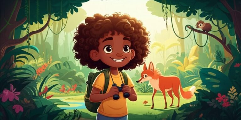 História Infantil sobre respeito aos animais selvagens: Uma ilustração vibrante de Marina, uma menina curiosa, observando um lobo-guará, Ubiratã, na exuberante Floresta do Rio Azul.