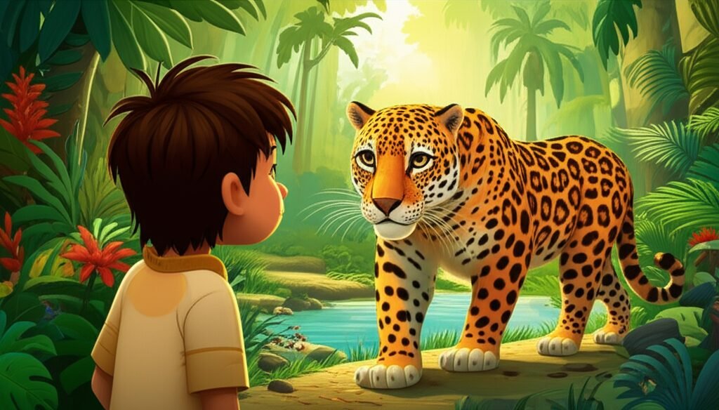 História Infantil sobre respeito aos animais selvagens: Um menino observa uma onça-pintada em seu habitat natural, simbolizando a lição de respeito e conservação da fauna.