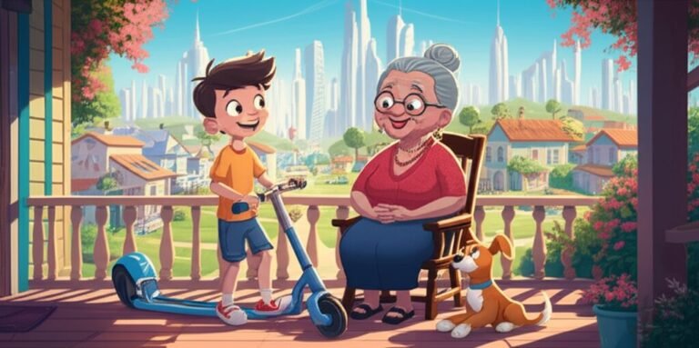 História Infantil sobre Respeito aos Idosos: Imagem de Pedro, Dona Aurora e Toby, simbolizando a união de gerações e a sabedoria ancestral.