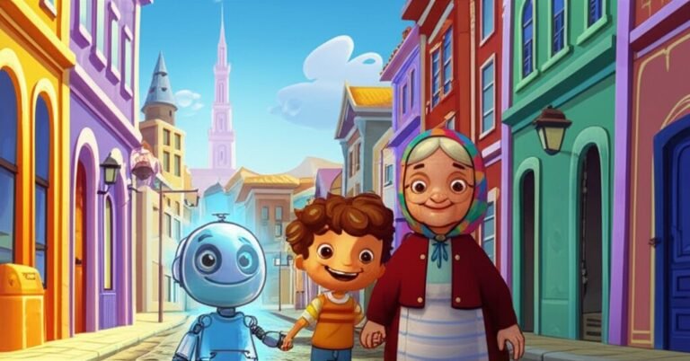 História Infantil: Uma ilustração de Léo, Dona Aurora e o Guardião explorando a colorida Cidade das Memórias, representando a aventura e o aprendizado sobre o respeito aos idosos.