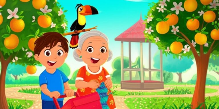Ilustração da História Infantil sobre o respeito aos idosos, mostrando o menino Pedro, a idosa Dona Cotinha e o pássaro Bartolomeu em uma praça com laranjeiras.