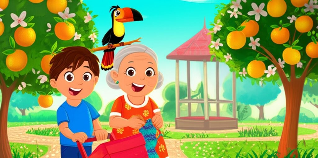 Ilustração da História Infantil sobre o respeito aos idosos, mostrando o menino Pedro, a idosa Dona Cotinha e o pássaro Bartolomeu em uma praça com laranjeiras.
