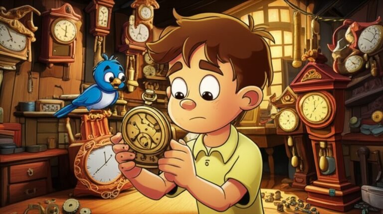 História Infantil sobre responsabilidade, com o menino Beto e seu amigo passarinho Tico, observando um relógio de bolso antigo em uma oficina de relojoeiro.