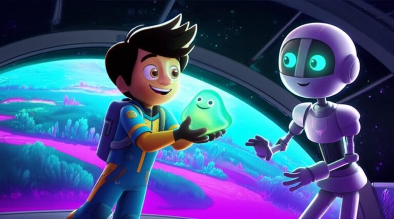 História Infantil sobre Responsabilidade: A Missão Estelar de Joaquim. Imagem ilustrativa de Joaquim, Estela e Cometa em uma estação espacial futurista com o planeta Cintilante ao fundo, representando a emocionante aventura espacial e o tema central da responsabilidade.