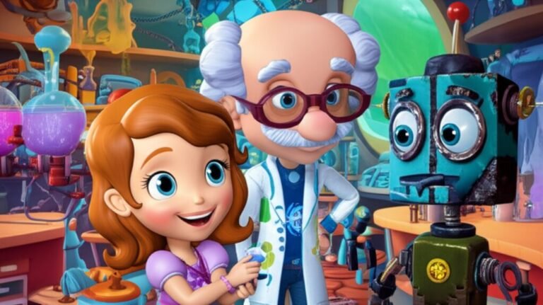 História Infantil sobre robôs, mostrando a menina Sofia, o Professor Astrolábio e o robô Giga em seu laboratório futurista, prontos para uma nova invenção. A imagem captura a curiosidade e o espírito de equipe da narrativa.