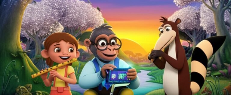 História Infantil O Eco Distante do Vale das Estrelas, imagem de Mariana, Professor Joca e Seu Bento tocando a flauta de madeira brilhante no Vale das Estrelas, explorando a saudade e a conexão com as lembranças.