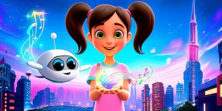 História Infantil sobre Saudade: Imagem de Flora, uma menina inventora com seu drone Centelha, segurando um cristal que emite luz e música, em uma cidade futurista, representando a melodia do coração e a conexão à distância.