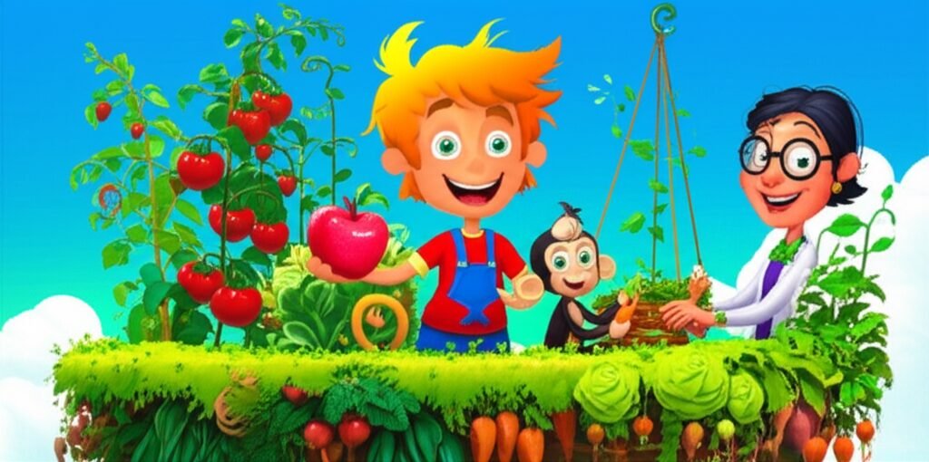 História Infantil sobre saúde: Joca, Pipoca e Doutora Cora na Horta Flutuante. A imagem mostra os personagens principais em um cenário de jardim flutuante, destacando a alimentação saudável.