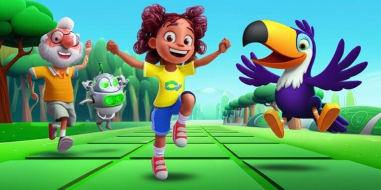 História Infantil sobre Segurança: Uma imagem alegre de Clara, Professor Bicudo e Robô-Prevenido explorando um parque tecnológico, destacando a segurança na aventura.