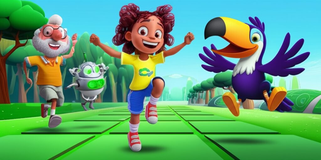 História Infantil sobre Segurança: Uma imagem alegre de Clara, Professor Bicudo e Robô-Prevenido explorando um parque tecnológico, destacando a segurança na aventura.