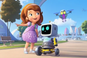 História Infantil A Missão no Parque Inovador, mostrando Sofia, o drone Zé e o robô Bolt em um parque tecnológico e futurista, simbolizando segurança e trabalho em equipe.