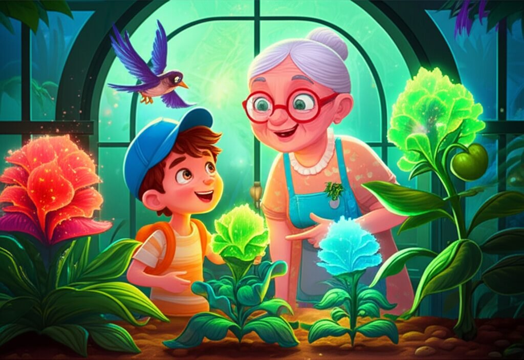 História Infantil sobre Sementes: Imagem de Joaquim, Dona Florinda e Pingo em uma estufa vibrante com plantas luminosas, celebrando o título O Segredo do Jardim Escondido e a beleza do crescimento.