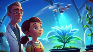 Imagem de História Infantil do título História Infantil sobre Sementes: O Segredo do Bio-Laboratório Flutuante, mostrando Lúcia, Dr. Elias e o drone Faísca admirando uma planta brilhante em um laboratório flutuante.