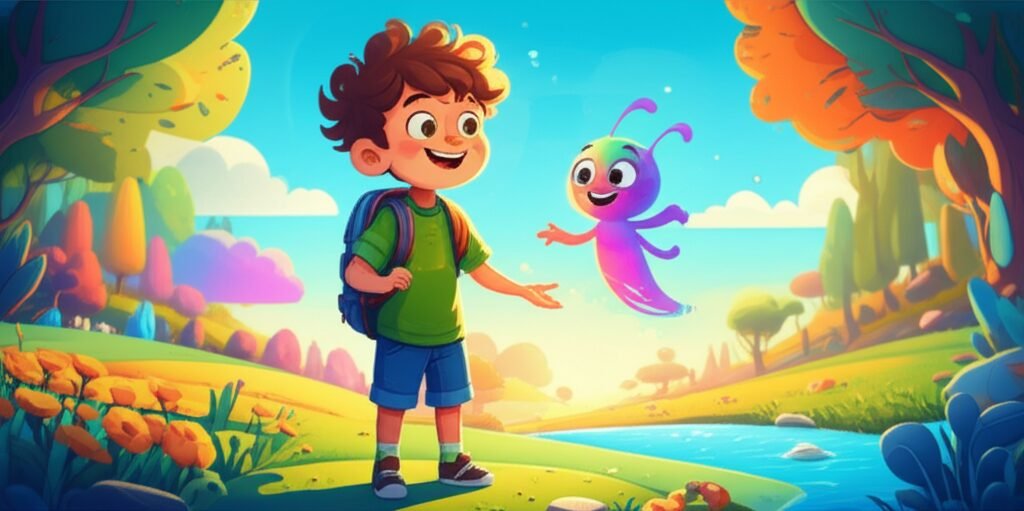 História Infantil sobre Sentimentos: Imagem de Léo, um menino feliz, e seu amigo Lumin, um ser luminoso multicolorido, explorando o Vale das Emoções Coloridas, um cenário fantástico onde as emoções ganham forma e cor, ilustrando a aventura da história.