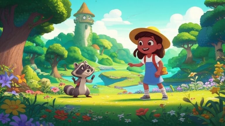 História Infantil: Imagem de Lila, uma menina de 8 anos, e Fael, um guaxinim, sorrindo e explorando o colorido Vale das Emoções com uma torre peculiar ao fundo. A imagem representa a aventura da História Infantil sobre sentimentos e a descoberta da importância das emoções.