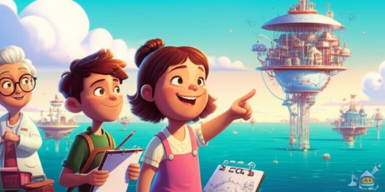 História Infantil com Lila, uma menina com Síndrome de Down, Pedro, um engenheiro mirim, e Dona Aurora, uma inventora, em frente à sua inovadora cidade flutuante em Porto Azul. A imagem retrata a aventura e a colaboração para um futuro sustentável.