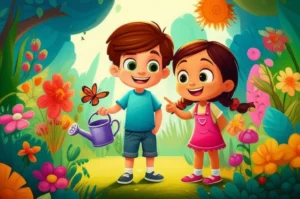História Infantil: Léo e Mariana trabalhando juntos em um jardim vibrante, cultivando amizade e a beleza das diferenças.