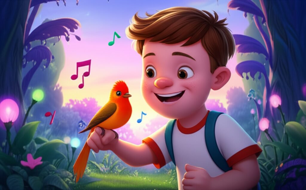 História Infantil: Ilustração de Léo, um menino com síndrome de down e seu amigo pássaro Pingo, em um recanto colorido, criando uma sinfonia de luz e música. A imagem representa a alegria e a celebração das habilidades únicas em Léo e a Harmonia Vibrante do Recanto Secreto.